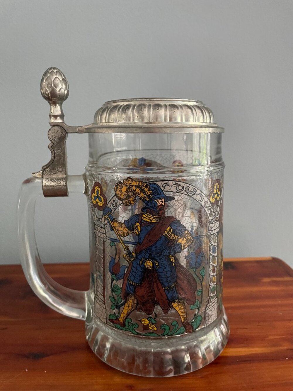 Vintage BMF West Germany Glass Beer Stein Pewter Lid Musketeers Painted